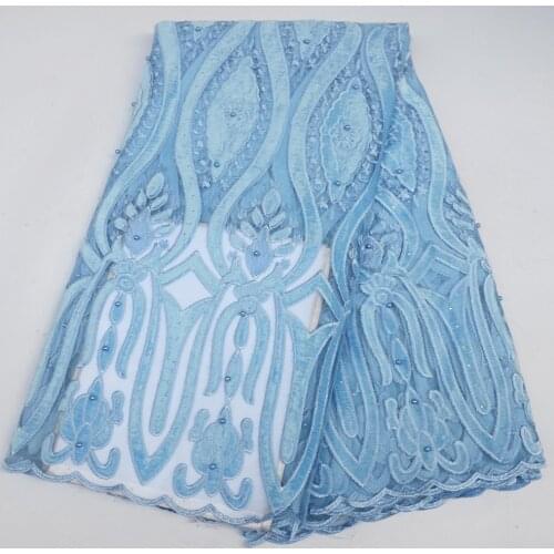 Free shipping 5yards African french mesh velvet lace fabric pearls high quality blue embroidery beaded stones wedding tulle lace