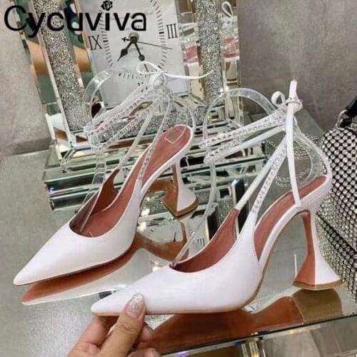 Brand White Sandals Women Ladies Rhinestone High Heel Shoes Ankle Strap Crystal Shoes Woman Vacation Summer Wedding Party Shoes