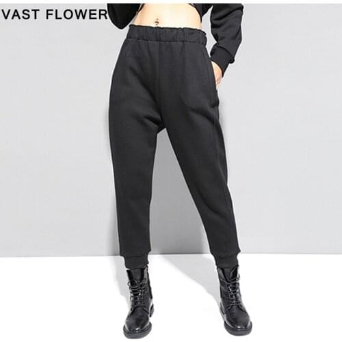 Black Vintage Elastic Waist Harem Pants Women New 2021 Spring Fashion Spliced Burr Zipper Loose Casual Trousers Women Streetwear