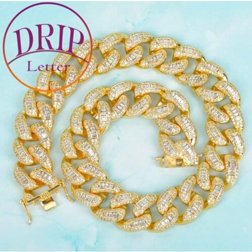 22mm Baguette Zircon Cuban Necklace Gold Color Iced Out Mens Hip Hop Colorful Choker Link Street Rock Jewelry