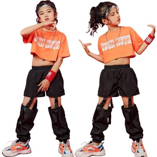 Lolanta Childrens Girls Orange Crop Top / Black Pants Clothes Kids Hip-hop Performance Dance Costume Street Dance Wear