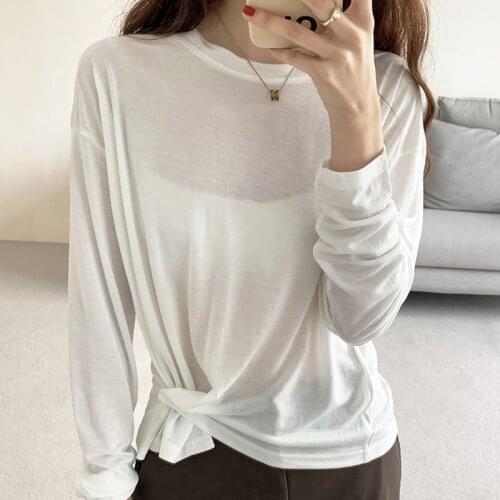 Summer New Korean Fashion Transparent T shirt Women Long Sleeve O-neck White Thin Loose Anti-UV Womens tshirt Tee Shirt Tops
