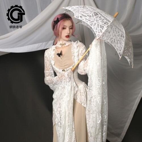 Gothic Vintage Womens Dress White Lace Super Long Sleeve V Neck Party Dress One Piece