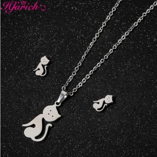 Hfarich Cat Jewelry Sets With Pendant Necklace Stainless Steel Chain And Tiny Cute Animal Stud Earring For Women Party Gift