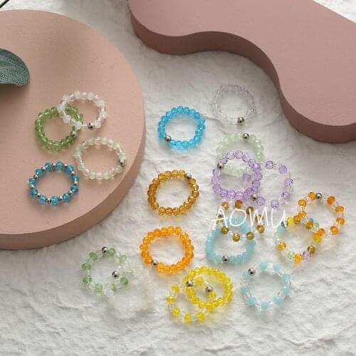 AOMU 2020 New Korean Cute Colorful Adjustable Small Beads Elastic Transparent Crystal Beaded Rings for Women Girls Party Jewelry