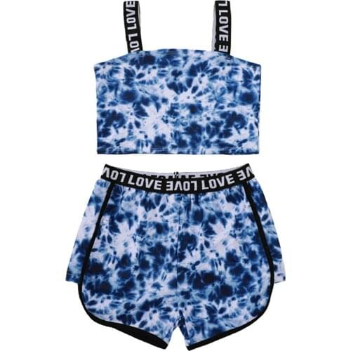 4-10Years Girls Two-piece Suit Letter Print Sleeveless Sling Tops and Shorts for Birthday Party Vacation