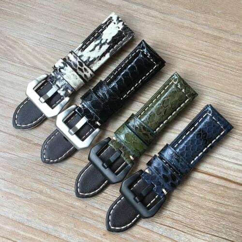 Fashion Handmade 22mm 24mm Green White Black Blue Snake Skin Leather Watchband For PAM Zenith Amry Military Watch Strap Bracelet