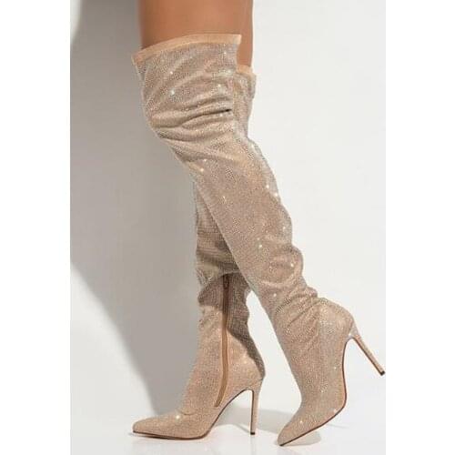 Hot Selling Bling Bling Crystal Tight High Boots Pointed Toe Zipper Wide Tall Boots High Heels Rhinestone Stretch Over The Knee