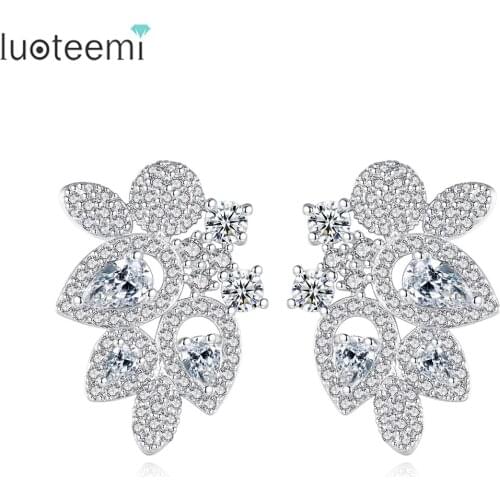 LUOTEEMI Crystal Leaves Stud Earrings for Women Dating Tiny AAA Cubic Zirconia Fashion Jewelry Birthday Christmas Gift Brincos