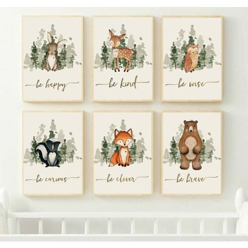 Cute Fox Deer Rabbit Owl Squirrel Bear Nursery Wall Art Canvas Painting Nordic Posters And Prints Wall Pictures Kids Room Decor