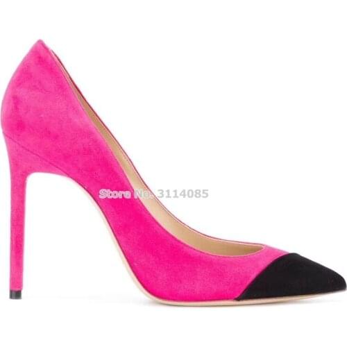 New Year Spring Summer Pink Black Suede Patchwork Pumps Stiletto Heels Pointed Toe Wedding Shoes Mixed Color Match Dress Shoes