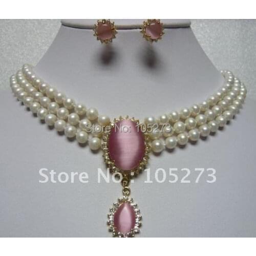 Charming! White Genuine Pearl & Opal Earrings Pendant Necklace Set Fashion Womens Style Wholesale New Free Shipping FN2376