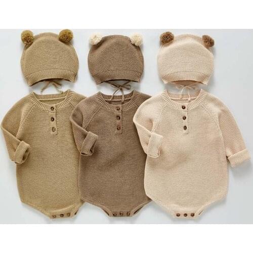 Newborn Baby Autumn Knit Jumpsuit For Boy And Girl Baby Cute Hat Sweater Romper Long Sleeve Newborn Baby Clothes Outfits