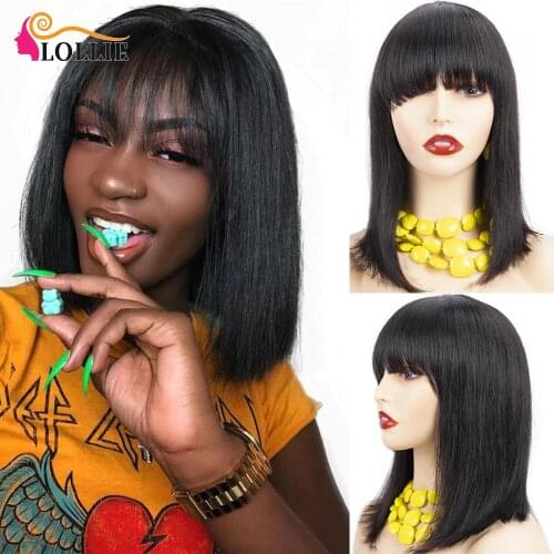 Lollie #1b Black Human Hair Bob Wigs with Bangs Easy Apply Short Bob Wig with Bangs Human Hair Free Shipping Can be Colored