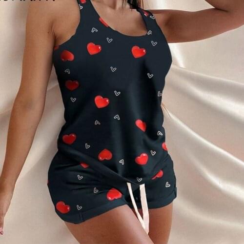Jodimitty Pyjamas Women Camisole Sleep Wear Women Pajamas Heart Print Nightgown Ruffled Flounce Shorts Lingerie Set Home Clothes