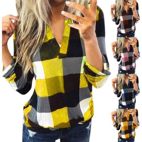 Plus Size Classic V-neck Plaid Blouses Women Casual Cotton Long Sleeve Plaid Shirt Womens Slim Jacket Shirt Top Топ Женский