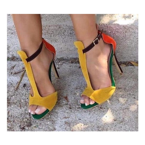 Woman summer open toe T strap buckle high heel sandal real photo large size custom make woman high heel sandal real photos