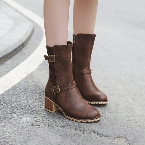 Brand Fashion Boots Women Low Heels Buckle Cowboy Mid-Calf Boots Round Toe Casual Platform Shoes winter botas mujer Size 33-43