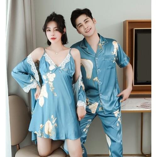 FZSLCYIYI Silk Couples Nightgown White Lace Design Morning Bride Bridesmaid Robes Printing Couples Pajamas