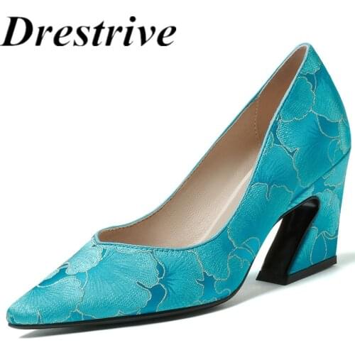 Drestrive Satin Embroidery Pointed Toe Flower Women Pumps Thick High Heels 2021 Autumn Shoes Shallow Blue Big Size 43
