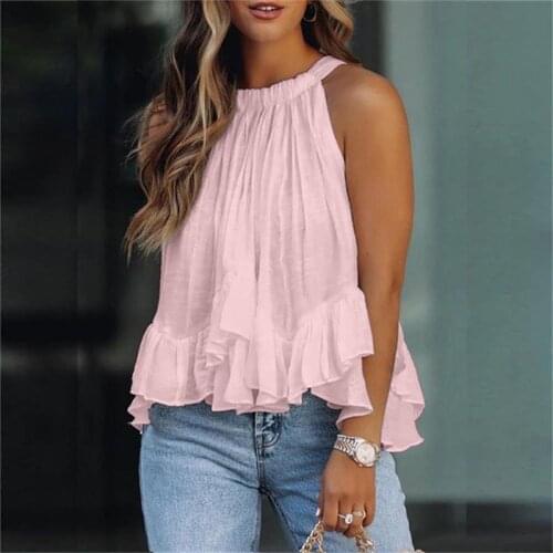 Elegant Women Sleeveless Chiffon Blouses And Tops Solid Ruffled Beach Folds Shirts Slim Plus Size Tunic Top 2021 Summer Blusas