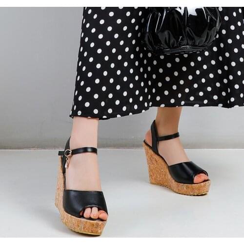 2021 Newest Super High Heel Women Sandals Pu Leather Black Summer Party Prom Shoes Ladies Wedges Platform Sandals