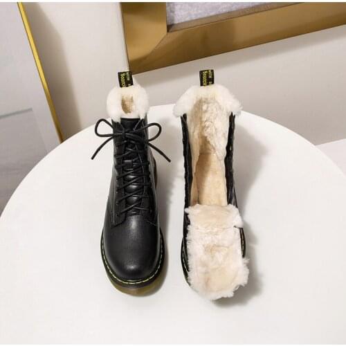 MEZEREON Martin Boots Lace-Up Women Shoe Cow Leather Winter Ankle Boots Warm Wool Inside Designer Ladies Footwear Classic Style