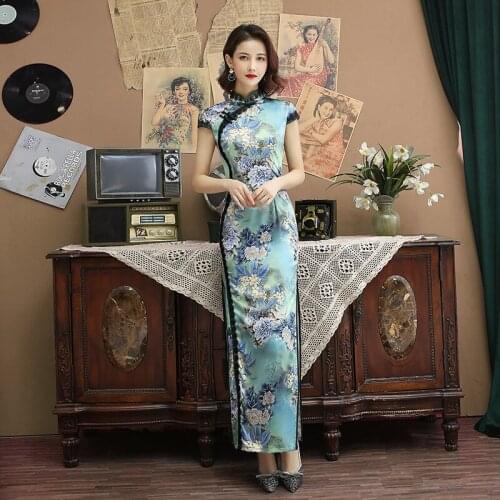 Vintage Chinese Style Women Satin Cheongsam Sweet Print Long Qipao Slim Bride Wedding Banquet Straight Chinese Dress Gown
