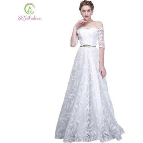 SSYFashion New White Evening Dress Boat Neck Short Sleeved Simple Floor-length Feathers Banquet Elegant Prom Party Gown