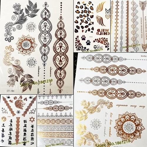 25 Style Lace Gold Flower Leaf Temporary Tattoo Stickers Bracelets Henna Arrows Women Fake Flash Golden Metallic Tattoo Paste