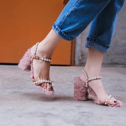 ARQA Womens Spring/autumn Sandals Buckle Silk Band Pearls Covered Wool Plush Block Heel Open Toe Shoes for Women