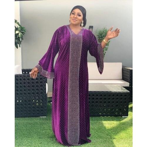Velvet African Design Beading Dashiki Dress Hijab Abaya Bandage Maxi Bazin Vintage Long Sleeve Robe Gowns Africa Sexy Lady Party