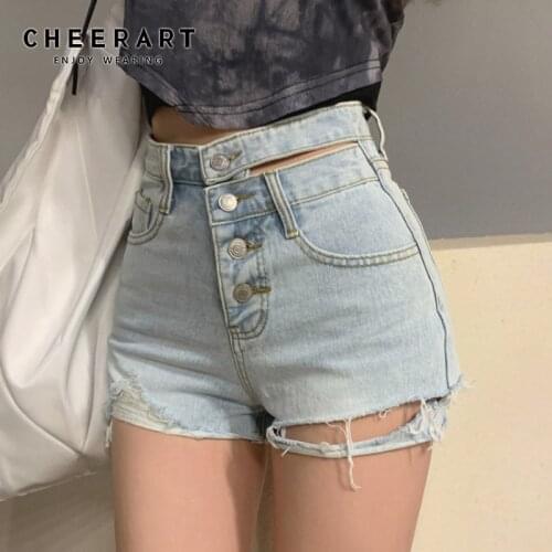 CHEERART Summer Ripped Denim Shorts Women 2021 Fashion Booty Blue Jean Shorts High Waist Distressed Shorts Bottoms Womens