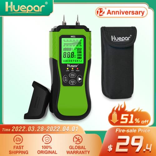Huepar Digital Wood Moisture Meter Pin-Type Water Leak Detector with 2 Measuring Modes -8 Types of Wood Dampness Tester with LCD