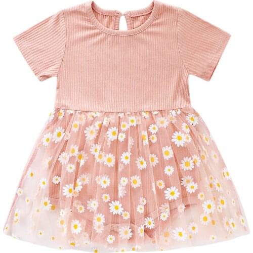 Baby Dresses Daisy Print Mesh Dress Girls Short Sleeve O-neck Knitted Romper Sundress For Summer Dress For Girls aby Clothes