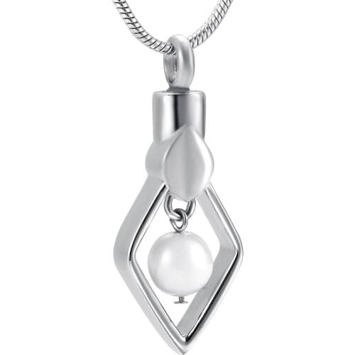 IJD9931 Rhombus Cremation Urn Necklace with Pearl Charm Stainless Steel Ashes Holder Keepsake Memorial Jewelry for Women