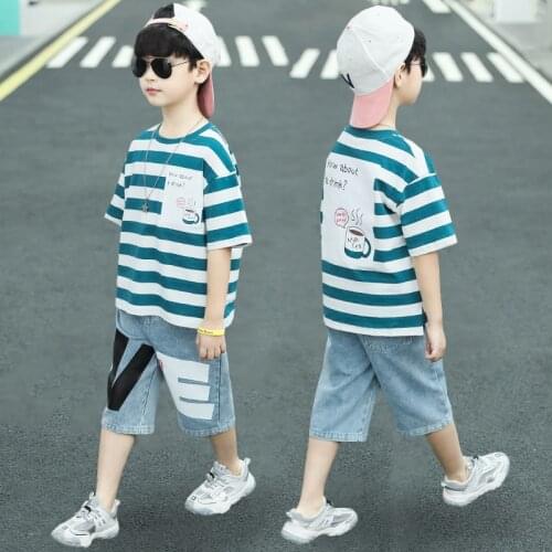 Summer Boys Clothes Sets Striped t-shirts and Denim knee-length pants Suit 2pcs Casual children clothing set