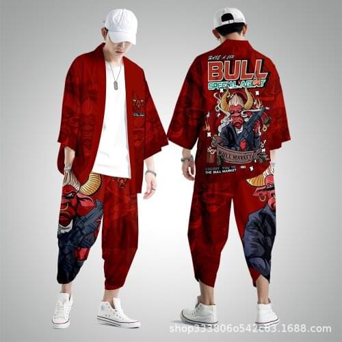 Summer Male Asian Red Print Clothing Jacket And Pant Suit Japanese Style Kimono Streetwear Men Cardigan Chinese Robe