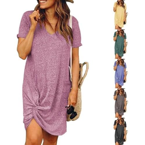 Hot kf-WomenS Fashion Casual Round Neck Solid Color Twist Short Sleeve Dress