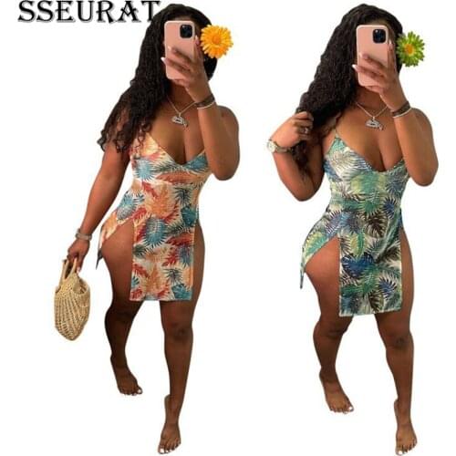 SSEURAT Print Spaghetti Strap High Split Micro Mini Dress Summer Beach Vacation Outfits Sexy Bodycon Dresses 2021