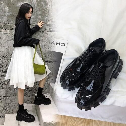 Fashion Womens Round Toe Lace Up High Heels Pumps Casual Patent Leather Black Platform Shoes J2