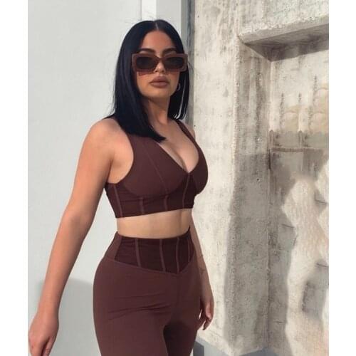 2021 Cross Border Spring And Summer New Womens Sexy Low Cut Stitching Slim Breathable Sports Fitness Suit