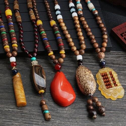 Unisex Handmade Necklace Nepal Buddhist Mala Wood Beads Pendant & Necklace Ethnic Fish Horn Long Statement Men Womens Jewelry