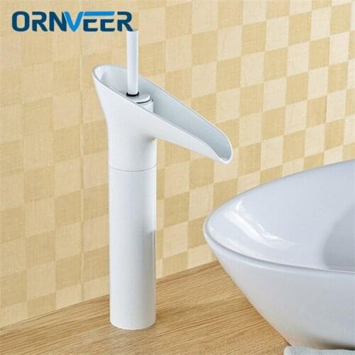 Free Shipping Wine Glass Shape Grilled White Painted Tall Bathroom Waterfall Faucet Fancy Style White Basin Sink Mixer Tap W004