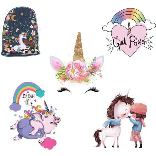 Thermal Watercolour Unicorn Stripe Heat Transfer Patches on Clothes Patch Applique Iron on Transfers For Clothing Stickers Decor