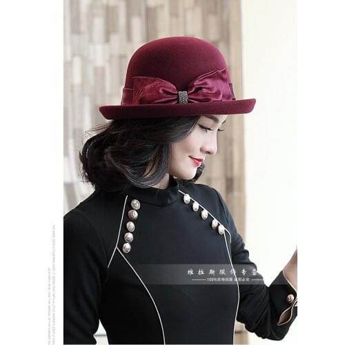 Lady Fashion Fedoras Wool Hat Girls Winter Warm Woolen Dome Cap Autumn Winter British Cap Bow Tie Fashion Fedoras Cap B-8685