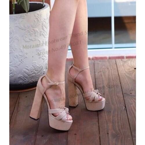Moraima Snc Nude Suede High Heel Sandal Summer Open Toe Chunky Heels Ankle Strap Part Dress Shoe Woman Gladiator Sandal