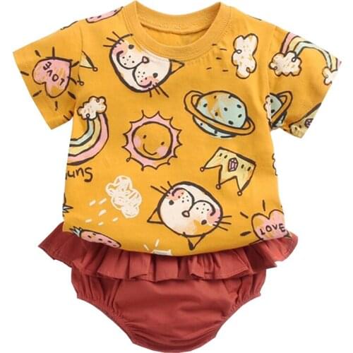 0-3 Years 2PCS Toddler Girls Summer Clothing Set kids Casual Sport Suits Skirted T-shirt Tops + Ruffle Shorts Bloomers Outfits