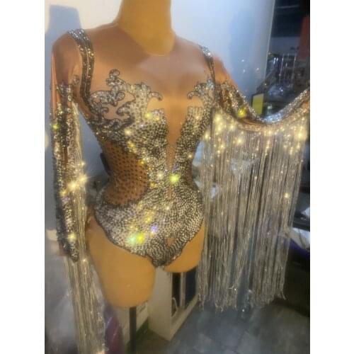 Flashing Rhinestone Sequins Fringe Spandex Bodysuit Birthday Celebrate Costume Evening Prom DS Women Dancer Stage Wear