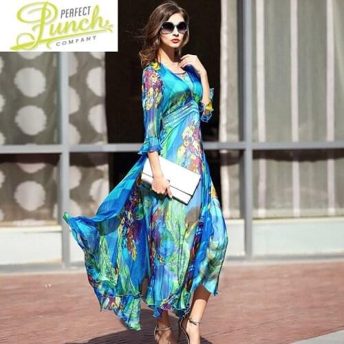 Spring Summer Beach 2021 Bohemian Women Print Silk Dress Fashion Long Dresses Maxi Elegant Boho Vestido Floral KJ1770